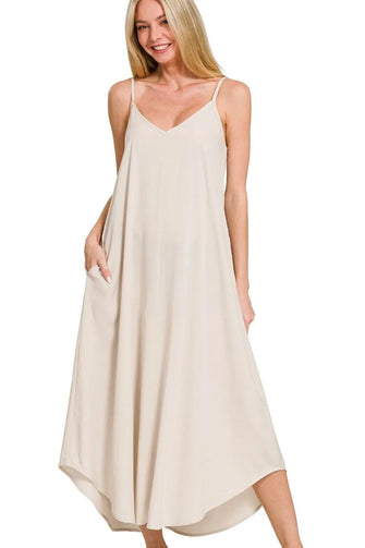 Beige Woven Arc Hem Cami Dress with Pockets SAND BEIGE