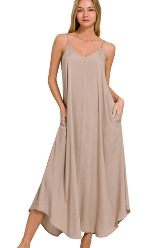Beige Cami Dress with Woven Arc Hem and Pockets LT MOCHA