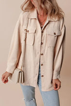 Beige corduroy button-down utility jacket with patch pockets