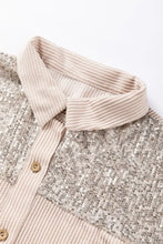 Beige corduroy cardigan with ribbed collar, sequins, and gold hardware