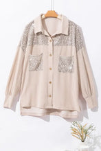 Beige corduroy cardigan by Shein with sequins, gold hardware, and pockets
