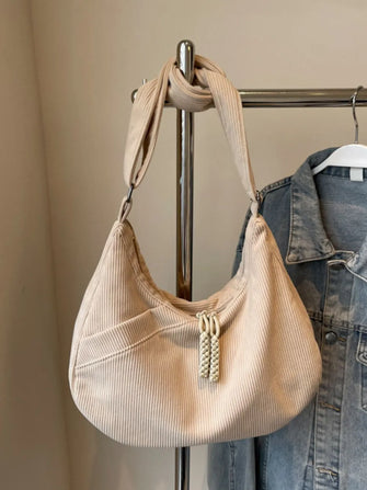 Beige Corduroy Hobo Shoulder Bag with Zipper Pulls Beige One Size