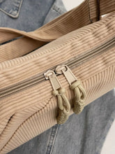 Beige Corduroy Hobo Shoulder Bag with Zipper Pulls