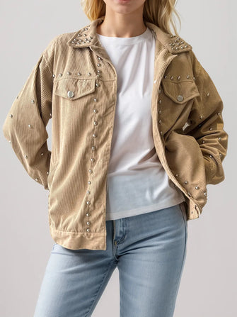 Beige Corduroy Jacket with Pearl Embellishments Tan