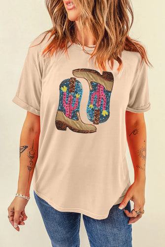 Beige Cowboy Boot Graphic Sequin T-Shirt for Women Eggshell