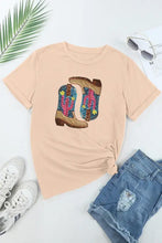 Beige cowboy boot graphic sequin t-shirt with pink floral boots