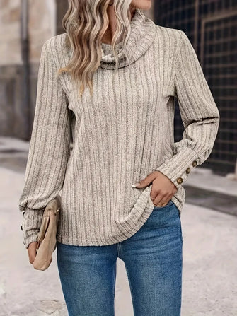 Beige Cowl Neck Sweater for Women with Buttoned Long Sleeve Length Tan