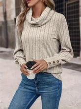 Beige Cowl Neck Sweater for Women with Buttoned Long Sleeve Length
