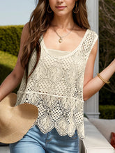 Beige Crochet Lace Cotton Tank Top Swim Cover Up Sleeveless Shirt