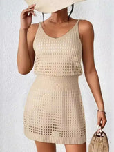 Beige crochet sleeveless cover up set with cami top and mini skirt