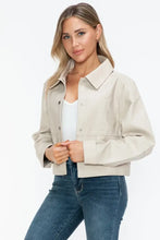 Womens Beige Cropped Long Sleeve PU Leather Jacket Woman Outerwear