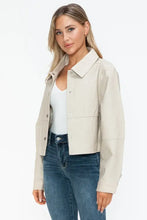 Womens Beige Cropped Long Sleeve PU Leather Jacket Woman Outerwear