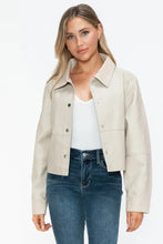 Womens Beige Cropped Long Sleeve PU Leather Jacket Woman Outerwear
