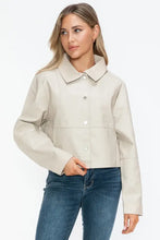 Womens Beige Cropped Long Sleeve PU Leather Jacket Woman Outerwear