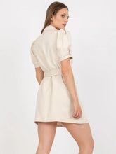 Beige Double Breasted Belted Blazer Dress with Puff Sleeves