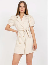 Beige Double Breasted Belted Blazer Dress with Puff Sleeves