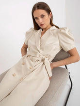 Beige Double Breasted Belted Blazer Dress with Puff Sleeves Tan