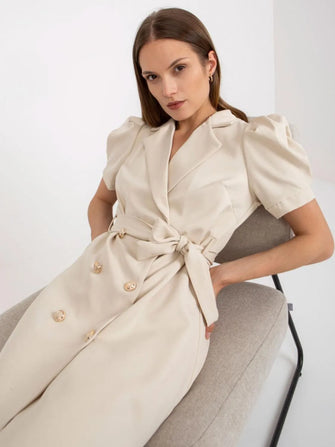 Beige Double Breasted Belted Blazer Dress with Puff Sleeves Tan