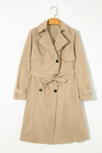 Beige double-breasted trench coat with belt and buttons