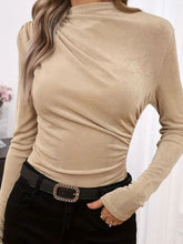 Beige Draped Neck Long Sleeve Top for Women Tan