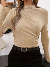 Beige Draped Neck Long Sleeve Top for Women