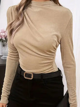 Beige Draped Neck Long Sleeve Top for Women Woman T Shirts