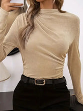 Beige Draped Neck Long Sleeve Top for Women Woman T Shirts