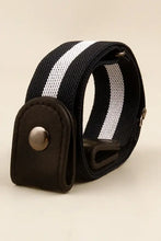 Beige elastic snap closure belt with black faux leather ends and stripes