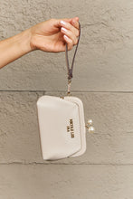 Beige Pebbled Vegan Leather Clutch with Pearl Accent and Wrist Strap