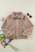 Beige faux fur teddy bear jacket with zipper and pockets