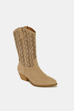 Beige Faux Suede Laser Cut Block Heel Cowboy Boots for Women