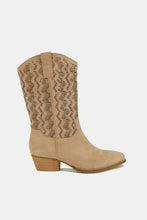 Beige Faux Suede Laser Cut Block Heel Cowboy Boots for Women
