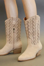 Beige Faux Suede Laser Cut Block Heel Cowboy Boots for Women