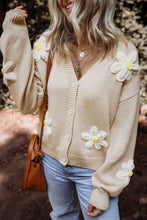Beige floral cardigan sweater with white and yellow flowers, button front