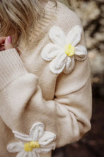 Beige floral cardigan sweater with cream knit and white yellow flower appliques