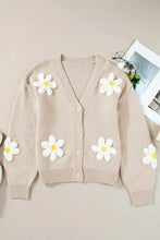 Beige floral cardigan sweater with white daisy appliques