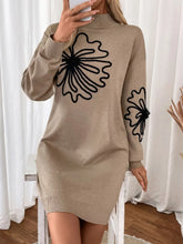Beige Floral Knit Sweater Dress with Floral Sleeve Detail Camel