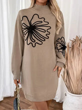 Beige floral knit sweater dress with embroidered long sleeves