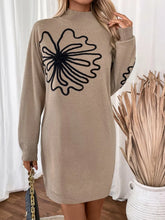 Beige Floral Knit Sweater Dress with Floral Sleeve Detail