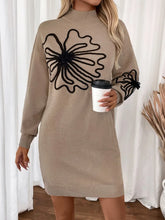Beige Floral Knit Sweater Dress with Floral Sleeve Detail