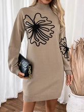 Beige floral knit sweater dress with long sleeves and high neckline