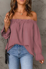 Beige Bluse mit Volantärmeln und gerafften, schulterfreien Ärmeln