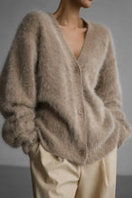 Beige fuzzy button long sleeve cardigan with brown leather belt