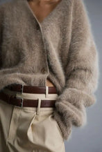 Beige fuzzy button long sleeve cardigan with brown leather belt