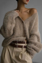 Beige fuzzy button long sleeve cardigan with brown leather belt