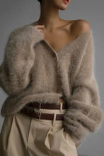 Beige fuzzy button long sleeve cardigan with brown leather belt