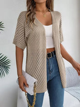 Beige half sleeve cardigan with openwork open front and moderate stretch