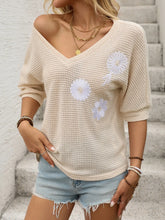 Beige Half Sleeve Waffle Knit Top with Floral Appliqué for Women