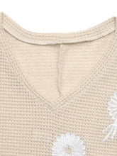 Beige Half Sleeve Waffle Knit Top with Floral Appliqué for Women Woman T Shirts