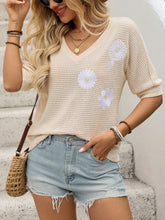 Beige Half Sleeve Waffle Knit Top with Floral Appliqué for Women